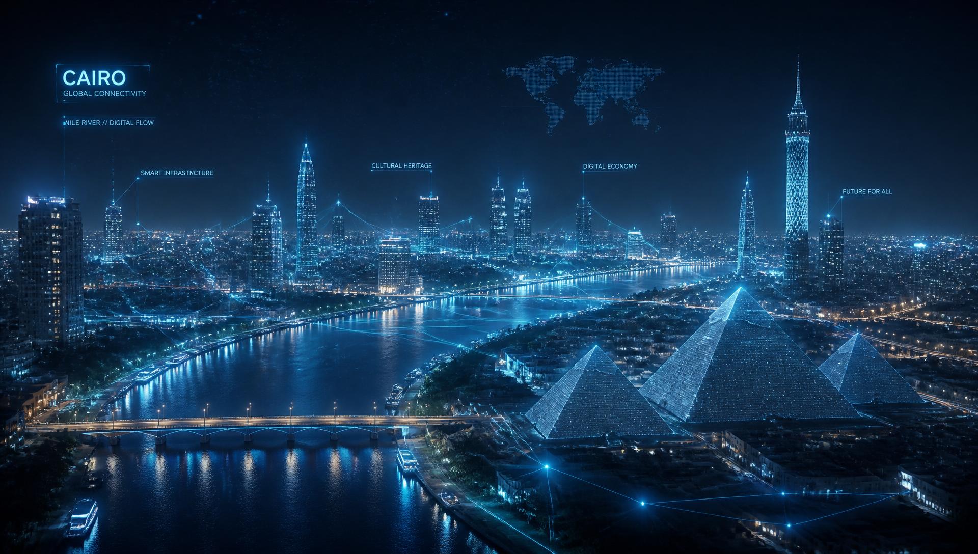 Futuristic Cairo skyline with digital network overlay